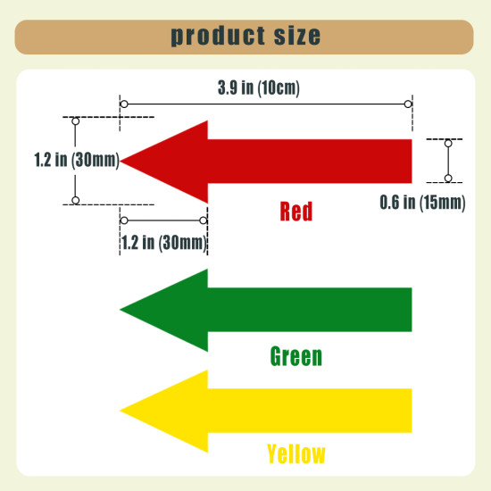 3.9 in (10cm) X 1.2 in (30mm) Floor Arrow Stickers - High Quality PVC Material, Waterproof, Self-Adhesive, Tear-Immediately Paste, Bright Colors,Red, Green, Yellow - 18 PCS